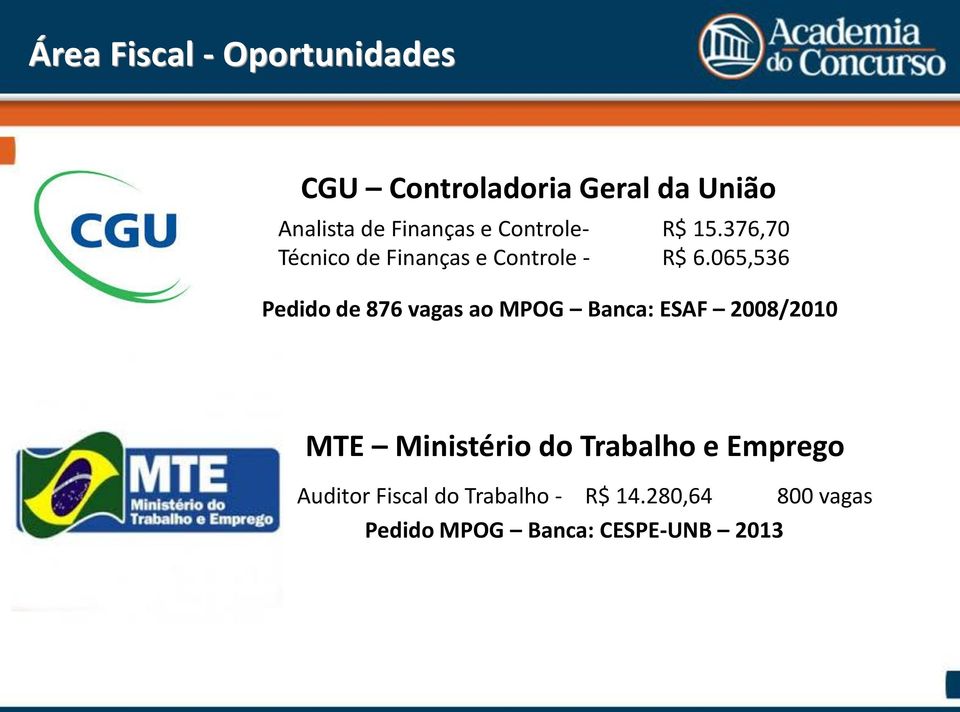 065,536 Pedido de 876 vagas ao MPOG Banca: ESAF 2008/2010 MTE Ministério do