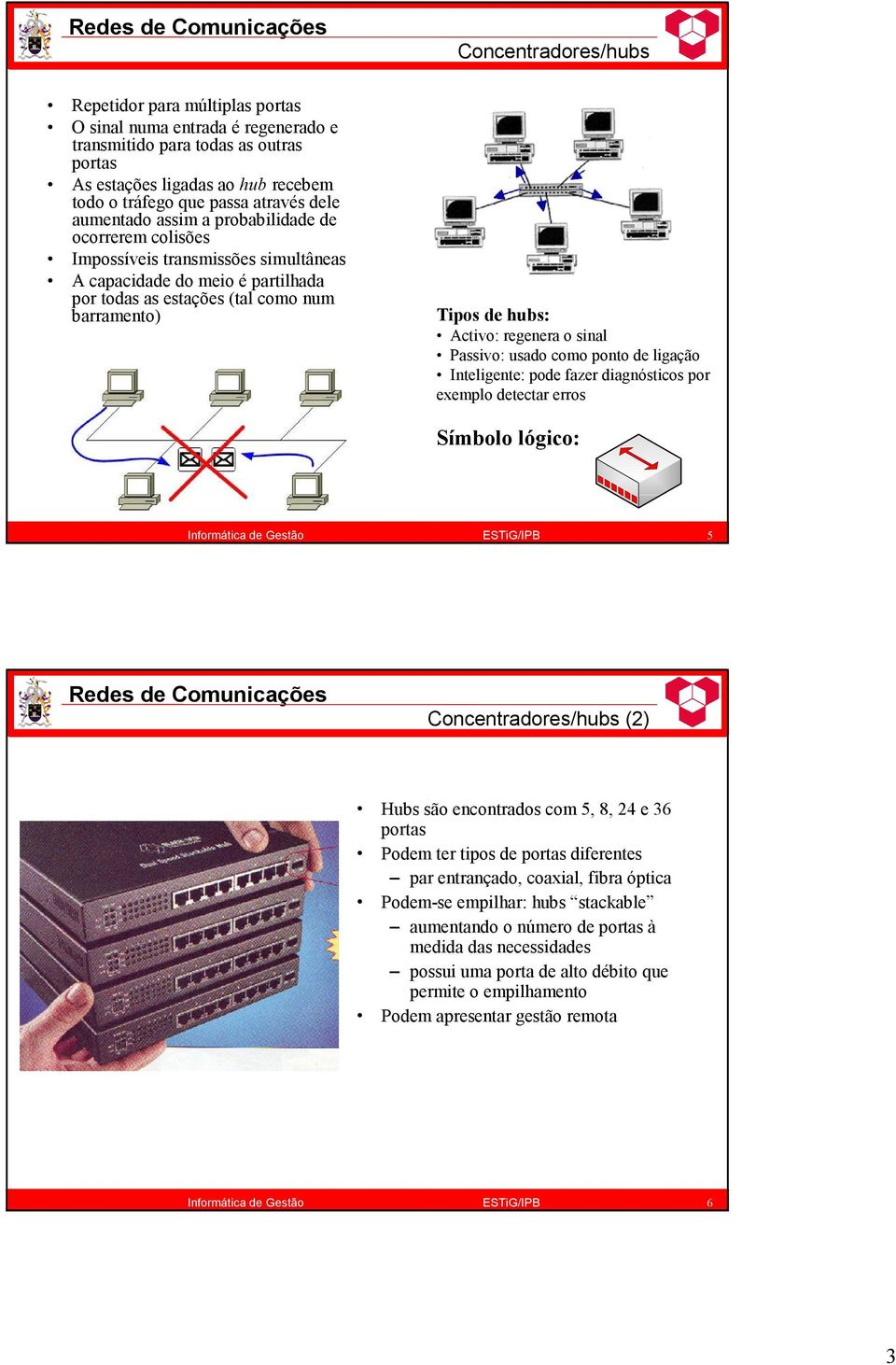 Activo: regenera o sinal Passivo: usado como ponto de ligação Inteligente: pode fazer diagnósticos por exemplo detectar erros Símbolo lógico: 5 Concentradores/hubs (2) Hubs são encontrados com 5, 8,