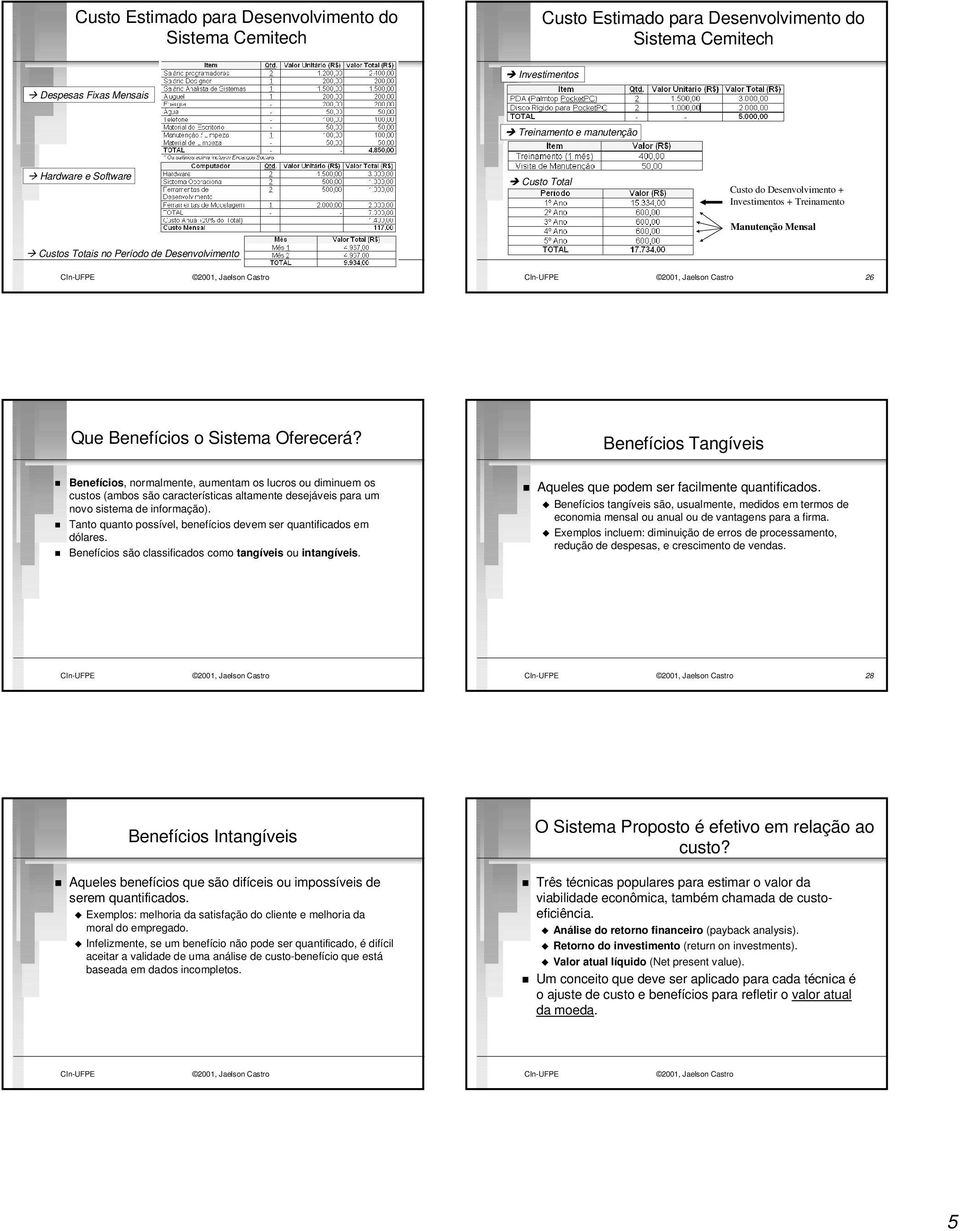 Benefícios Tangíveis Benefícios, normalmente, aumentam os lucros ou diminuem os custos (ambos são características altamente desejáveis para um novo sistema de informação).