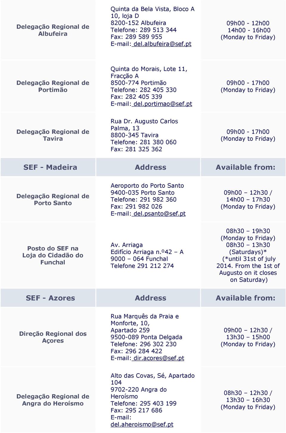 Augusto Carlos Palma, 13 8800-345 Tavira Telefone: 281 380 060 Fax: 281 325 362 SEF - Madeira Address Available from: Porto Santo Aeroporto do Porto Santo 9400-035 Porto Santo Telefone: 291 982 360