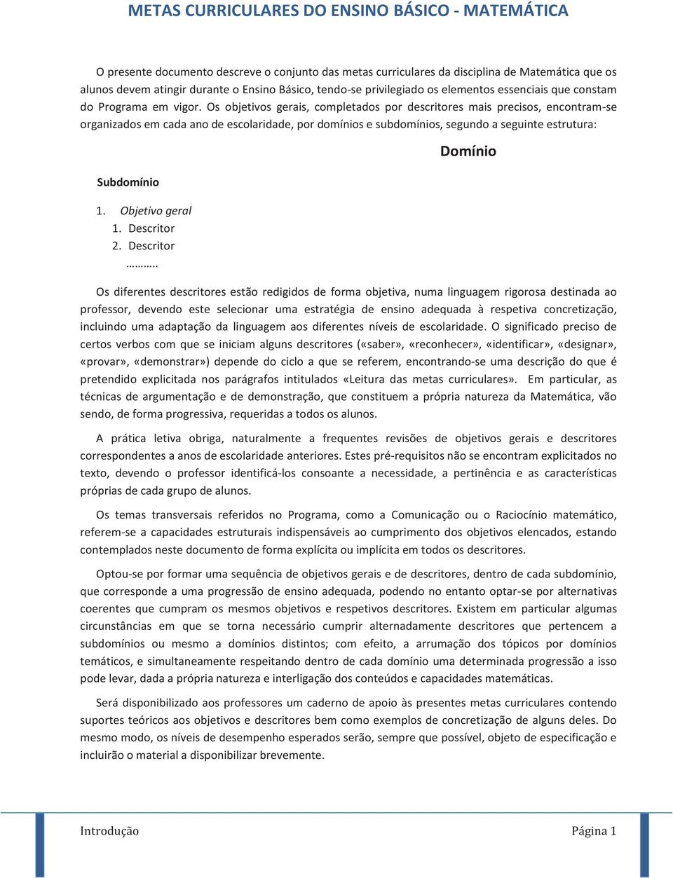 Os objetivos gerais, completados por descritores mais precisos, encontram-se organizados em cada ano de escolaridade, por domínios e subdomínios, segundo a seguinte estrutura: Subdomínio 1.