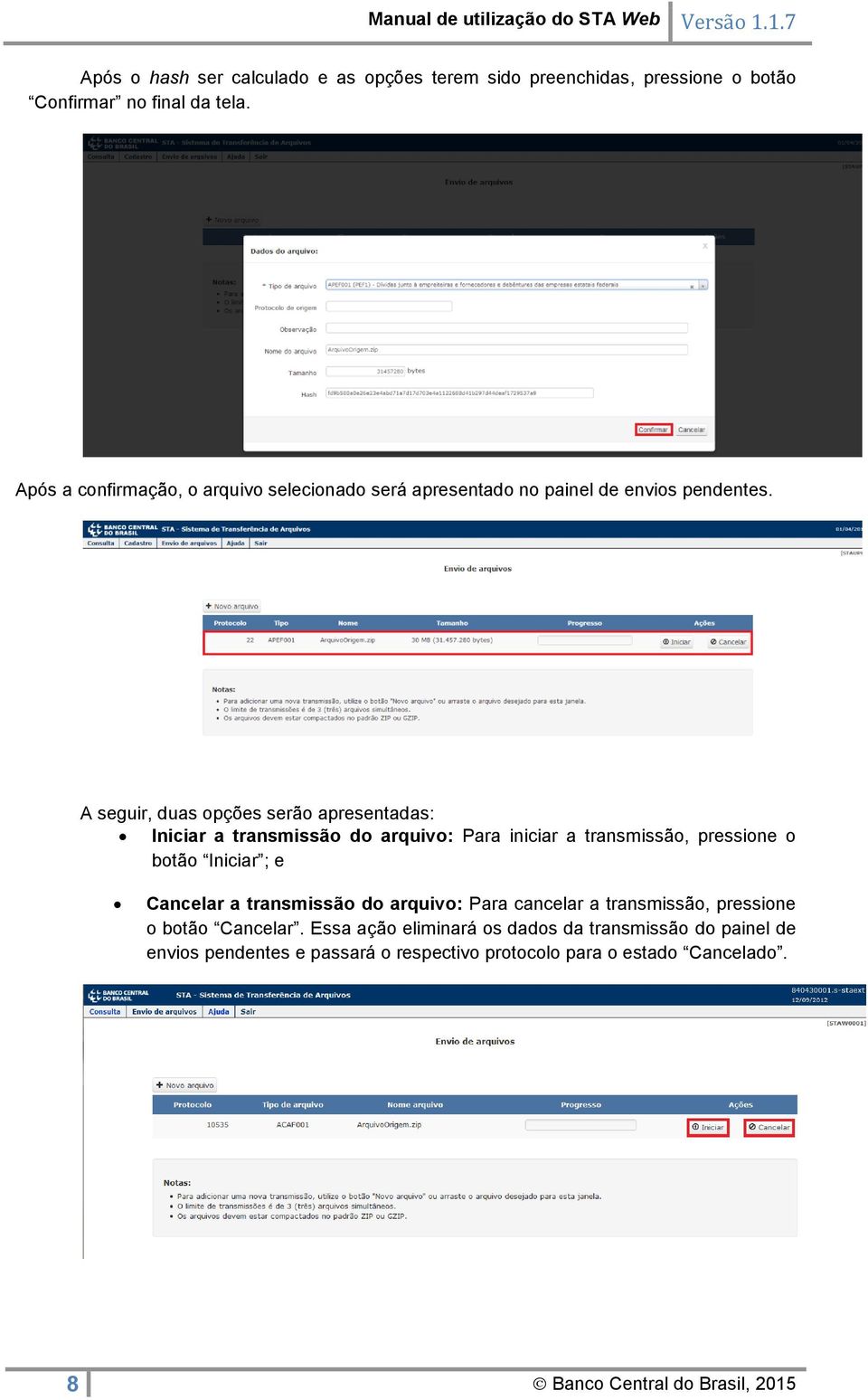 A seguir, duas opções serão apresentadas: Iniciar a transmissão do arquivo: Para iniciar a transmissão, pressione o botão Iniciar ; e Cancelar a