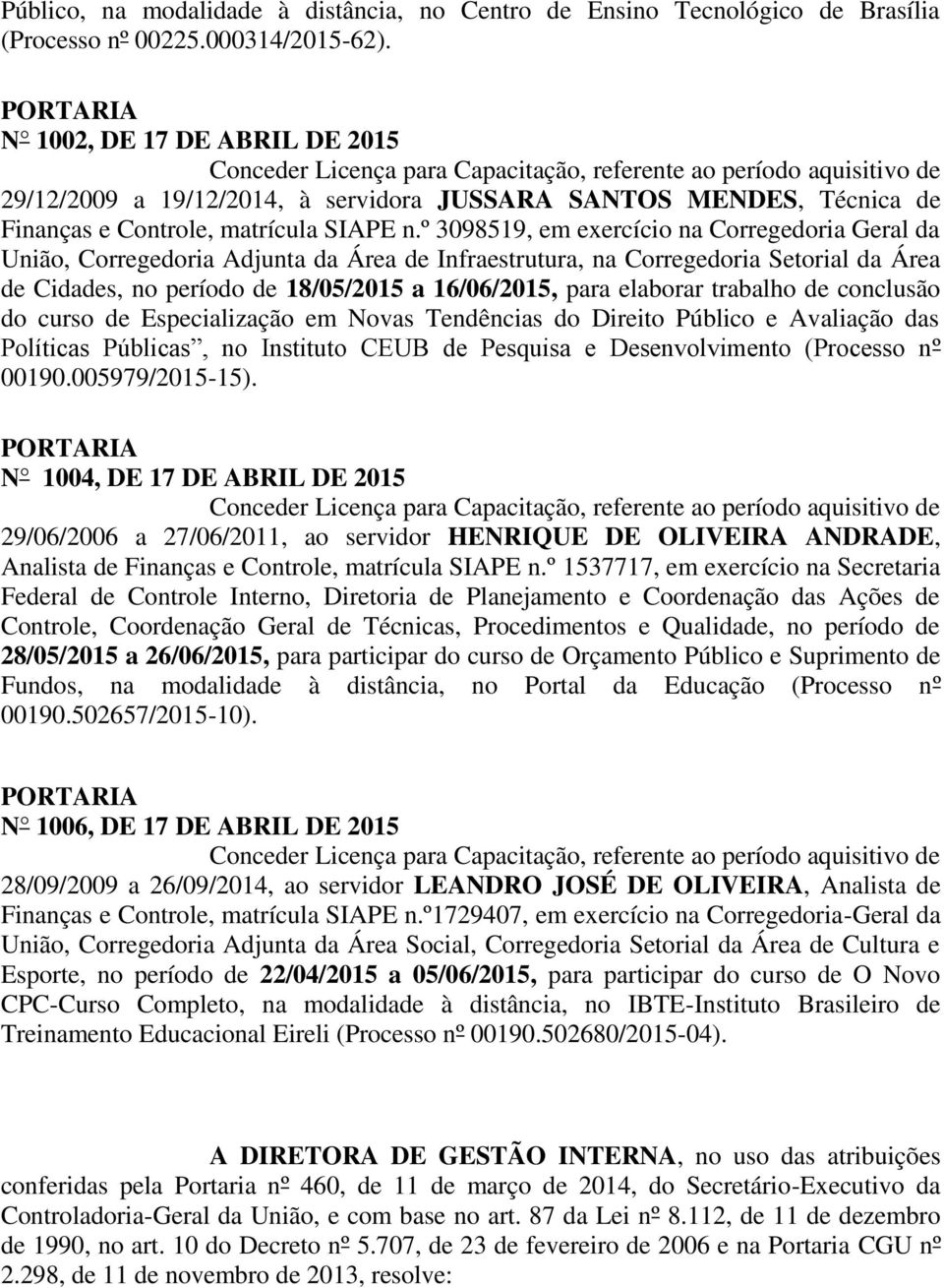 º 3098519, em exercício na Corregedoria Geral da União, Corregedoria Adjunta da Área de Infraestrutura, na Corregedoria Setorial da Área de Cidades, no período de 18/05/2015 a 16/06/2015, para