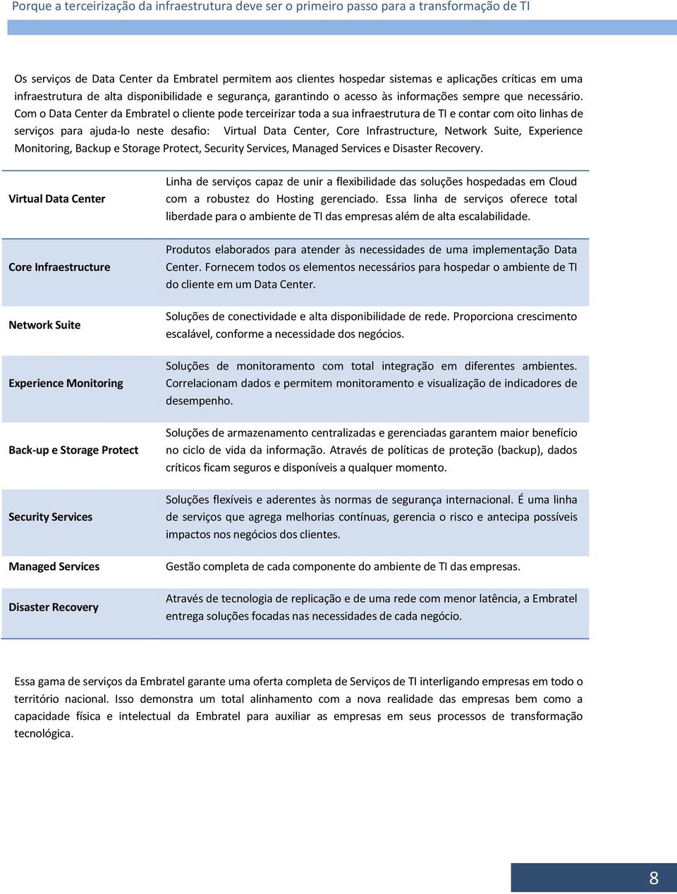 Com o Data Center da Embratel o cliente pode terceirizar toda a sua infraestrutura de TI e contar com oito linhas de serviços para ajuda-lo neste desafio: Virtual Data Center, Core Infrastructure,