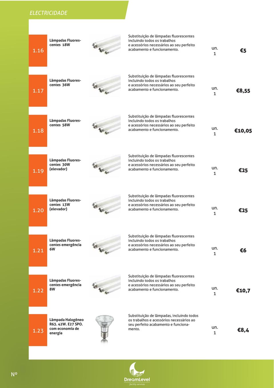 8 Lâmpadas Fluorescentes 58W Substituição de lâmpadas fluorescentes incluindo todos os trabalhos e acabamento e 0,05.