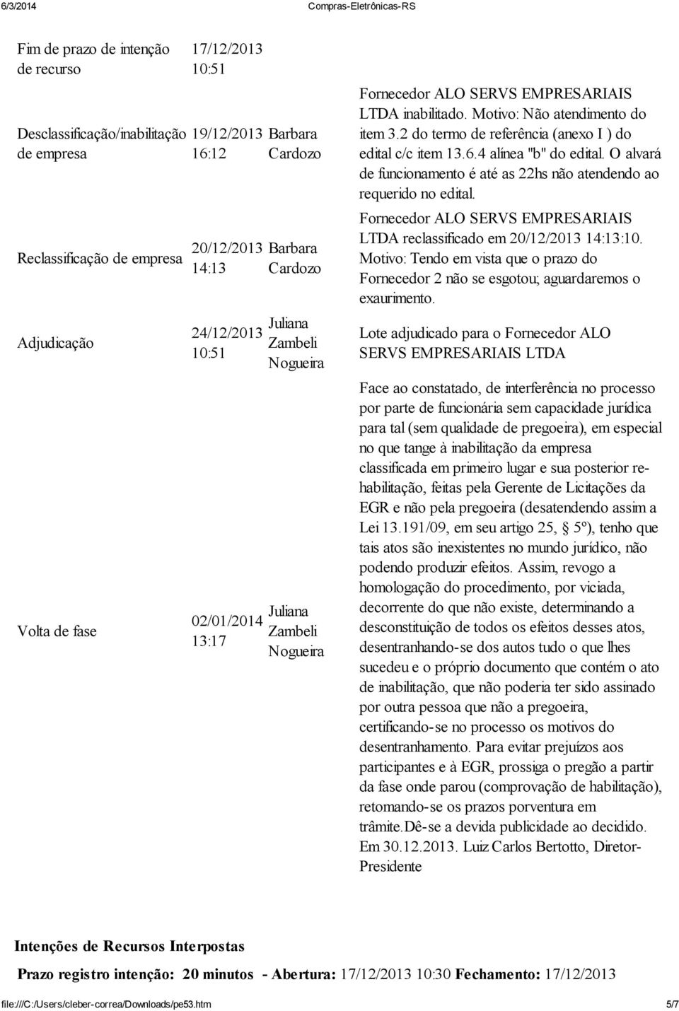 O alvará de funcionamento é até as 22hs não atendendo ao requerido no edital. Fornecedor EMPRESARIAIS LTDA reclassificado em 20/12/2013 14:13:10.