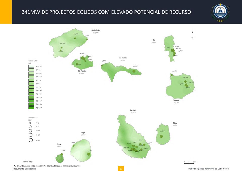 MW 6,0 6,5 6,5 7,0 7,0 7,5 7,5 8,0 8,0 8,5 Boavista 22,95 MW 8,5 9,0 Santiago 76,5 MW Potência Power MW 0-5 6-10 Maio 14,5 MW 11-20 21-30 Fogo 19,6 MW 14,5 MW 31-40 Brava 6 MW 6 MW