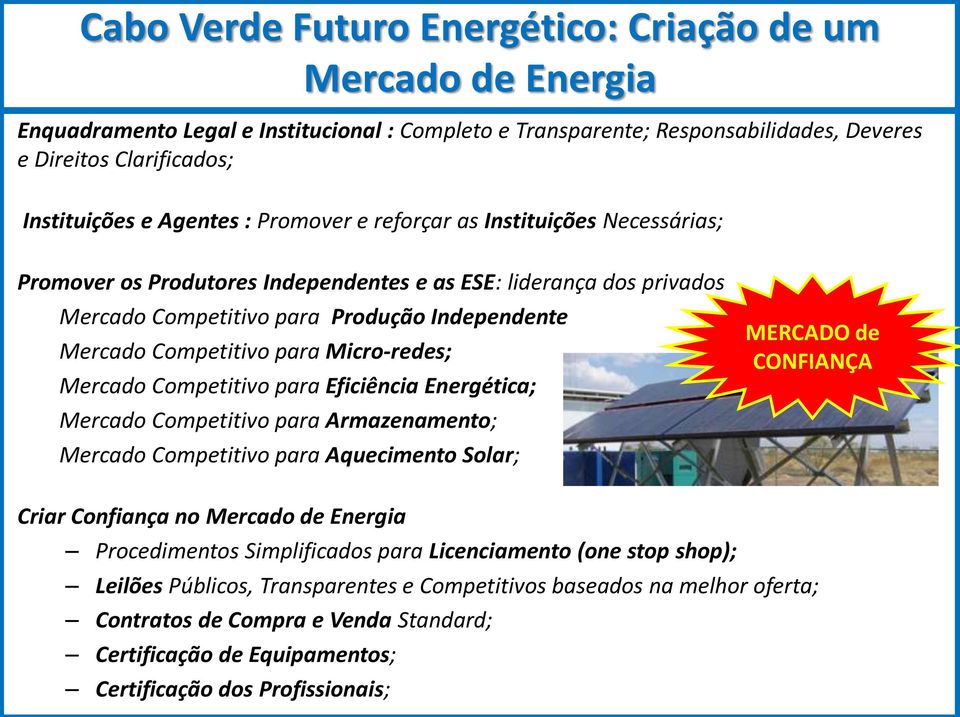 para Micro-redes; Mercado Competitivo para Eficiência Energética; Mercado Competitivo para Armazenamento; Mercado Competitivo para Aquecimento Solar; MERCADO de CONFIANÇA Criar Confiança no Mercado