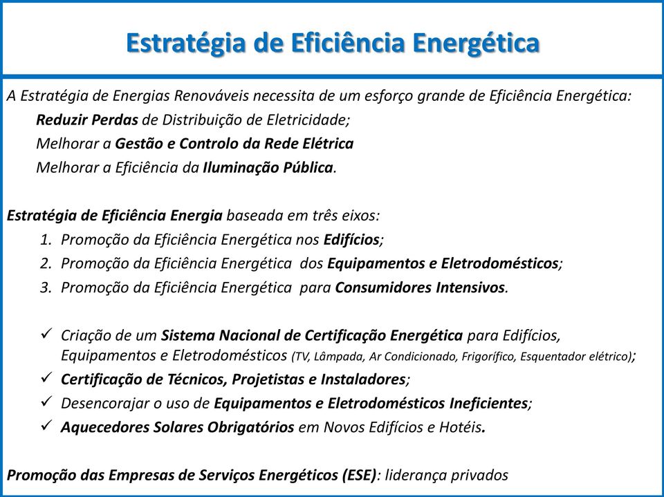 Promoção da Eficiência Energética dos Equipamentos e Eletrodomésticos; 3. Promoção da Eficiência Energética para Consumidores Intensivos.
