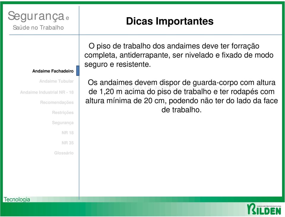 Os andaimes devem dispor de guarda-corpo com altura de 1,20 m acima do piso de