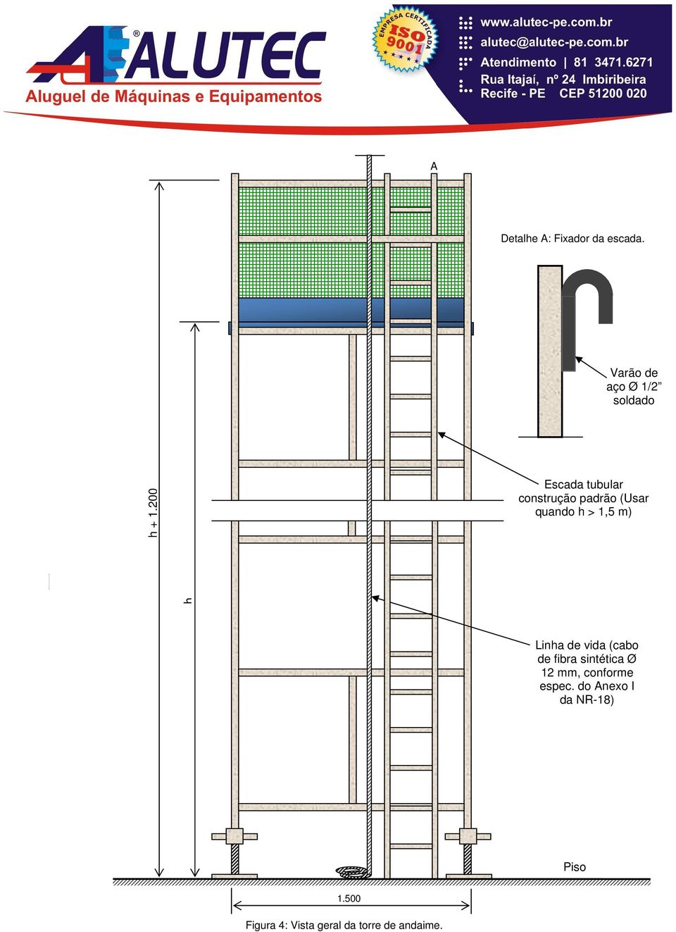 Linha de vida (cabo de fibra sintética Ø 12 mm, conforme espec.