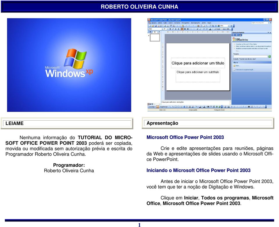 Programador: Roberto Oliveira Cunha Microsoft Office Power Point 2003 Crie e edite apresentações para reuniões, páginas da Web e apresentações de slides