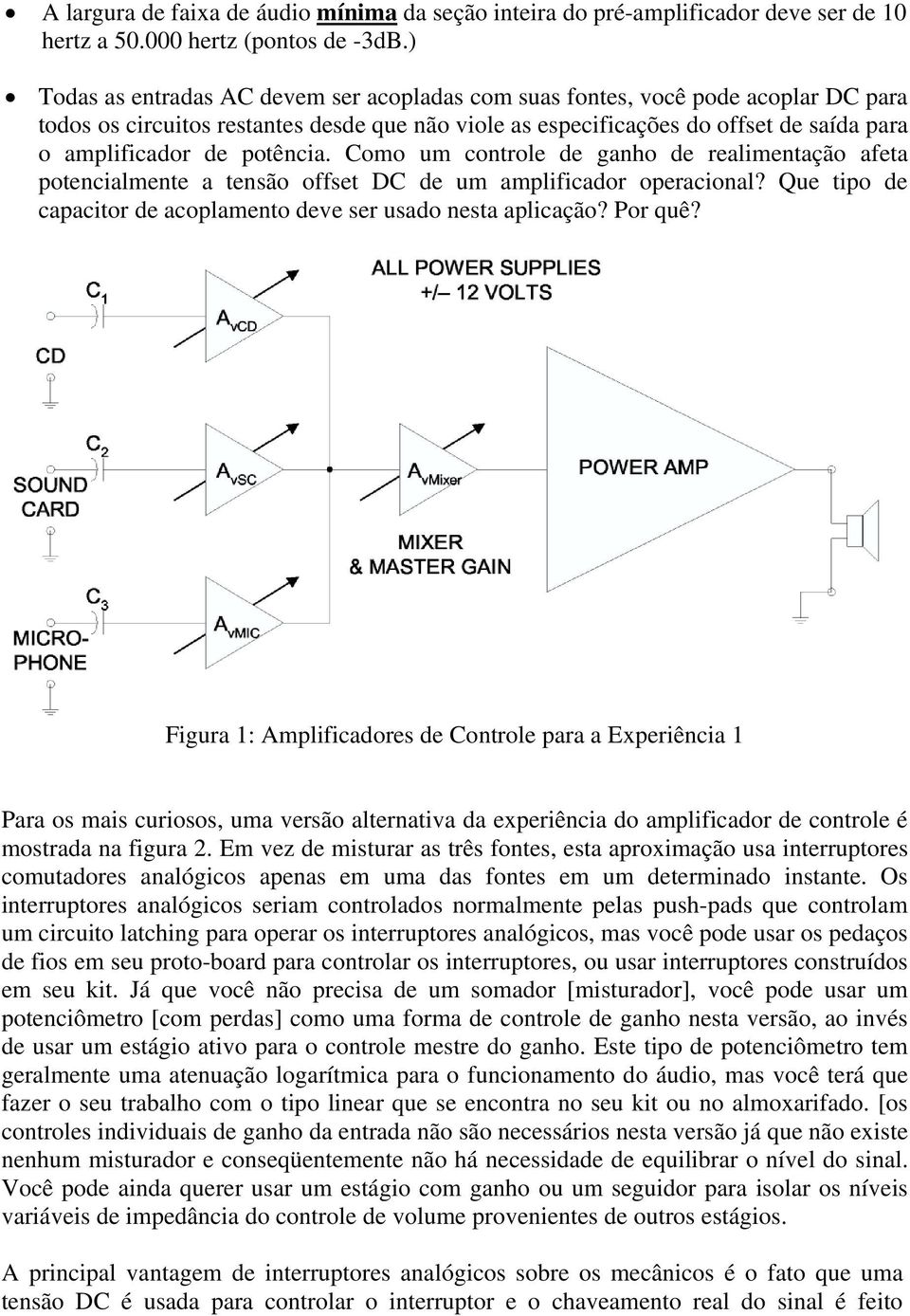 potência. Como um controle de ganho de realimentação afeta potencialmente a tensão offset DC de um amplificador operacional? Que tipo de capacitor de acoplamento deve ser usado nesta aplicação?