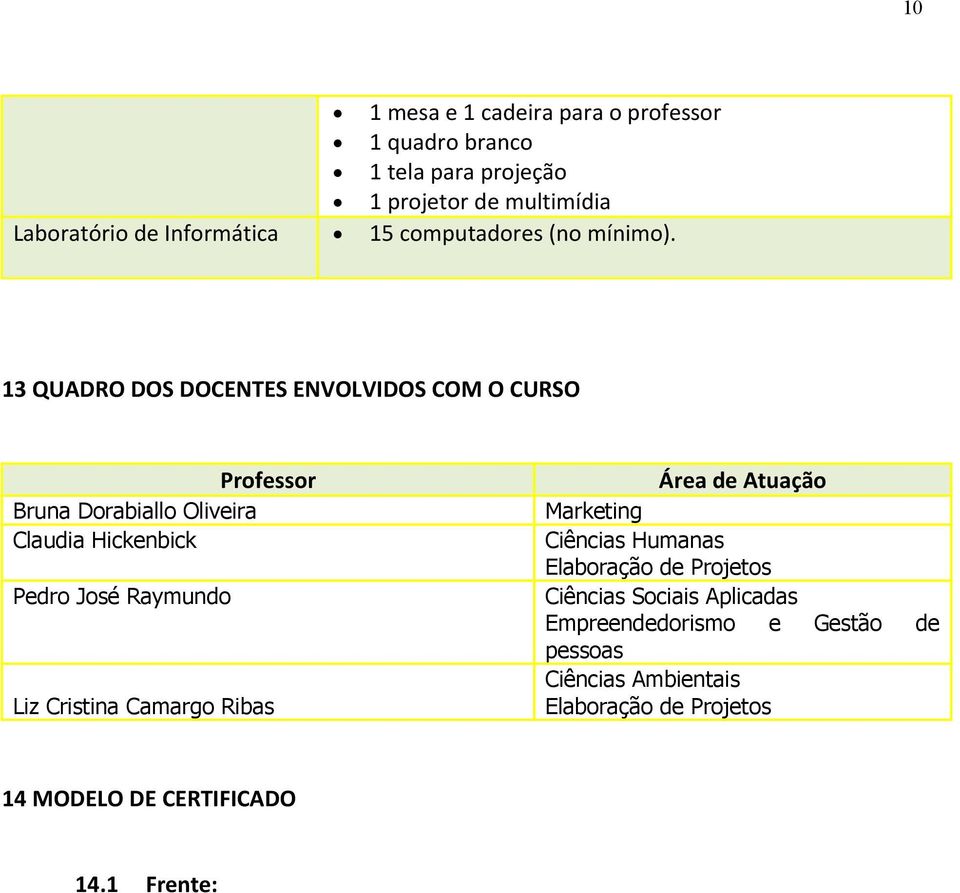 13 QUADRO DOS DOCENTES ENVOLVIDOS COM O CURSO Professor Bruna Dorabiallo Oliveira Claudia Hickenbick Pedro José Raymundo Liz