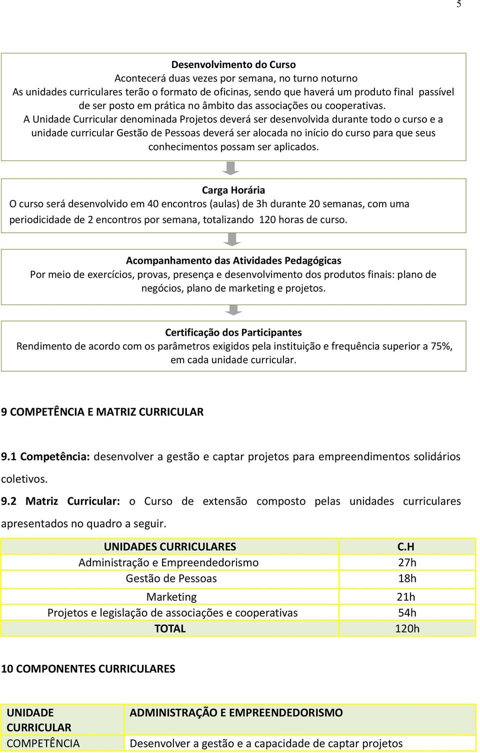 A Unidade Curricular denominada Projetos deverá ser desenvolvida durante todo o curso e a unidade curricular Gestão de Pessoas deverá ser alocada no início do curso para que seus conhecimentos possam