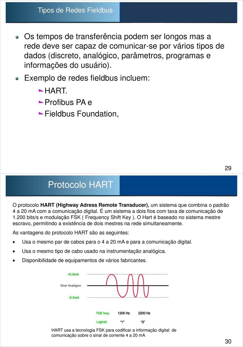 Profibus PA e Fieldbus Foundation, Protocolo HART 29 O protocolo HART (Highway Adress Remote Transducer) um sistema que combina o padrão 4 a 20 ma com a comunicação digital.