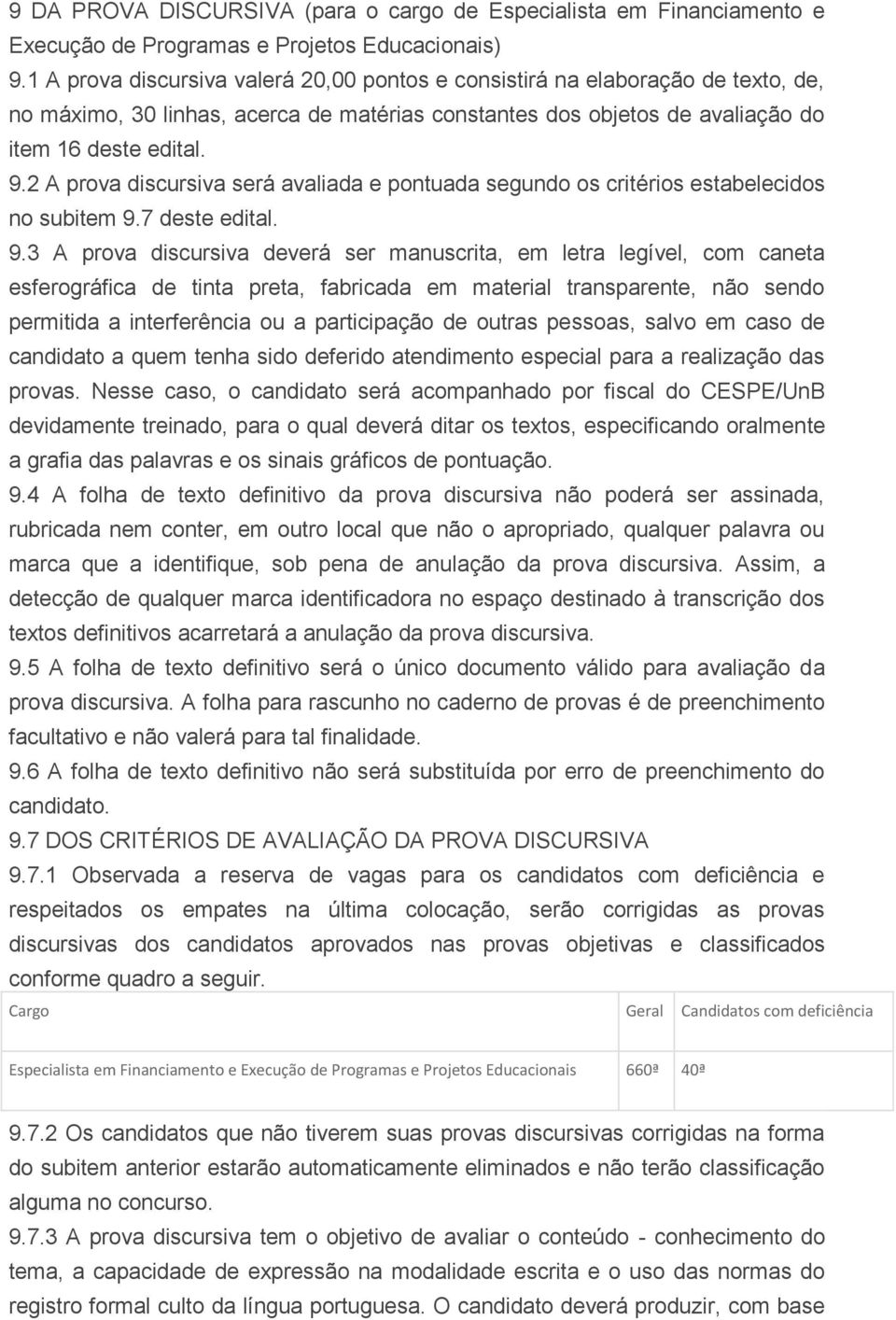 2 A prova discursiva será avaliada e pontuada segundo os critérios estabelecidos no subitem 9.