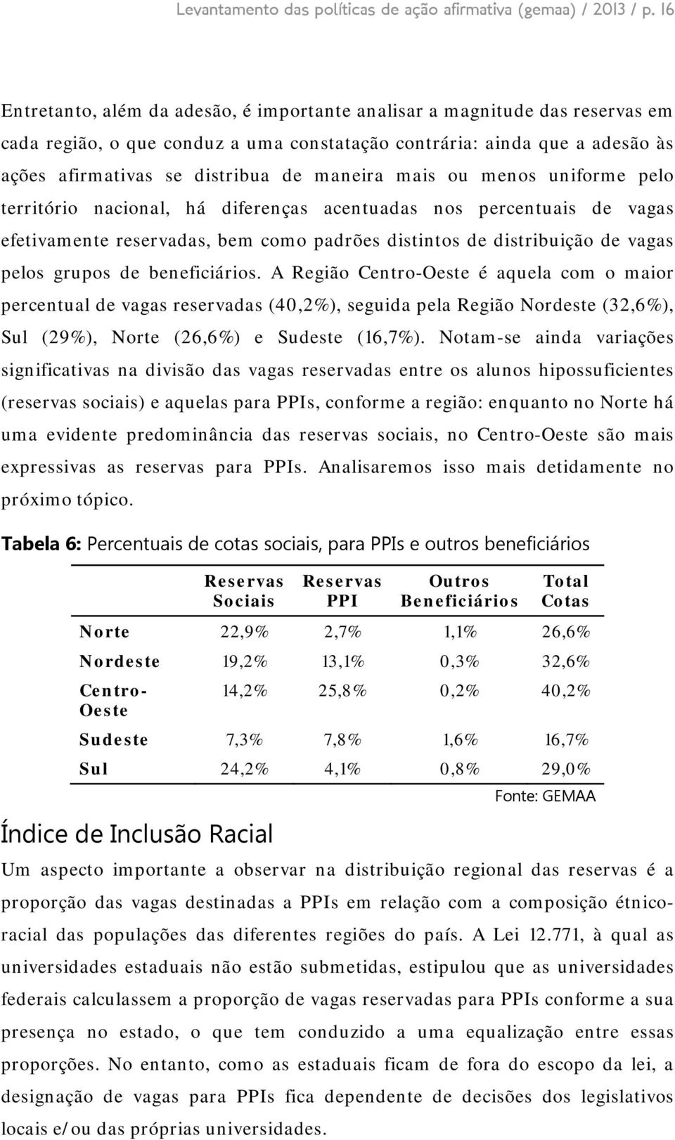 mais ou menos uniforme pelo território nacional, há diferenças acentuadas nos percentuais de vagas efetivamente reservadas, bem como padrões distintos de distribuição de vagas pelos grupos de