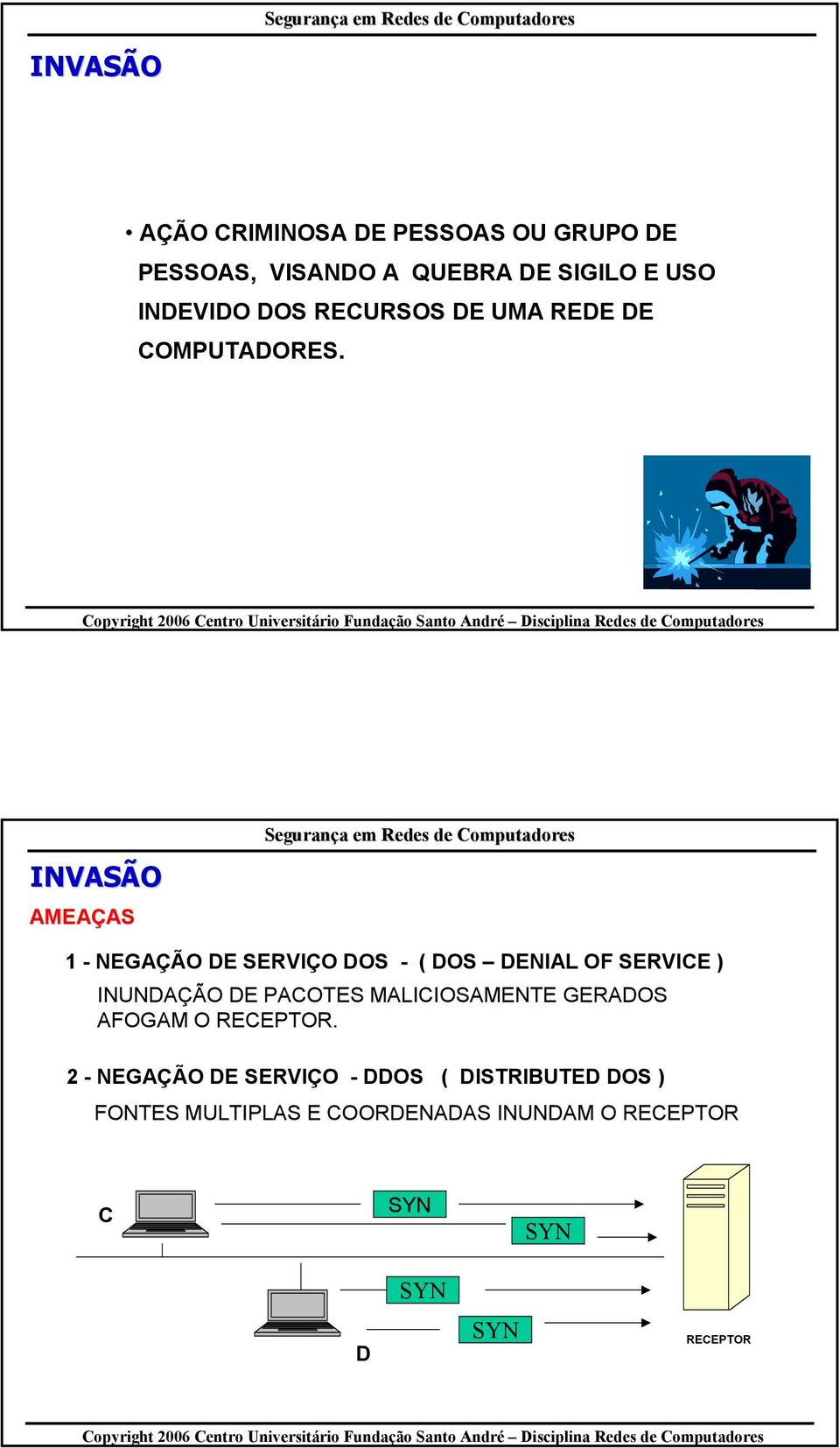 INVASÃO AMEAÇAS 1 - NEGAÇÃO DE SERVIÇO DOS - ( DOS DENIAL OF SERVICE ) INUNDAÇÃO DE PACOTES