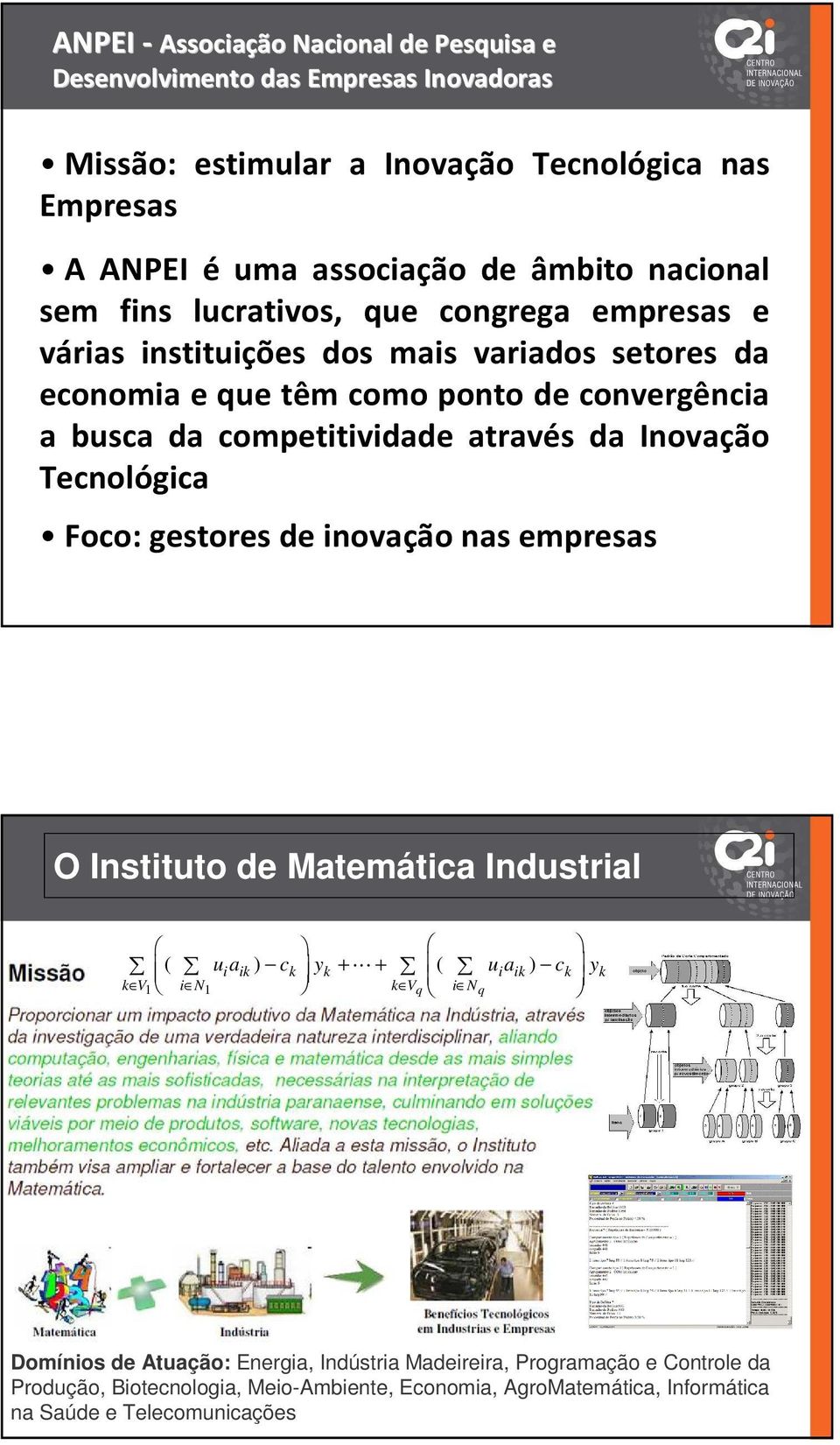 através da Inovação Tecnológica Foco: gestores de inovação nas empresas O Instituto de Matemática Industrial ( ) + + ( ) u a c y L u a c y i ik k k i ik k k k V 1 i N1 k V q i Nq