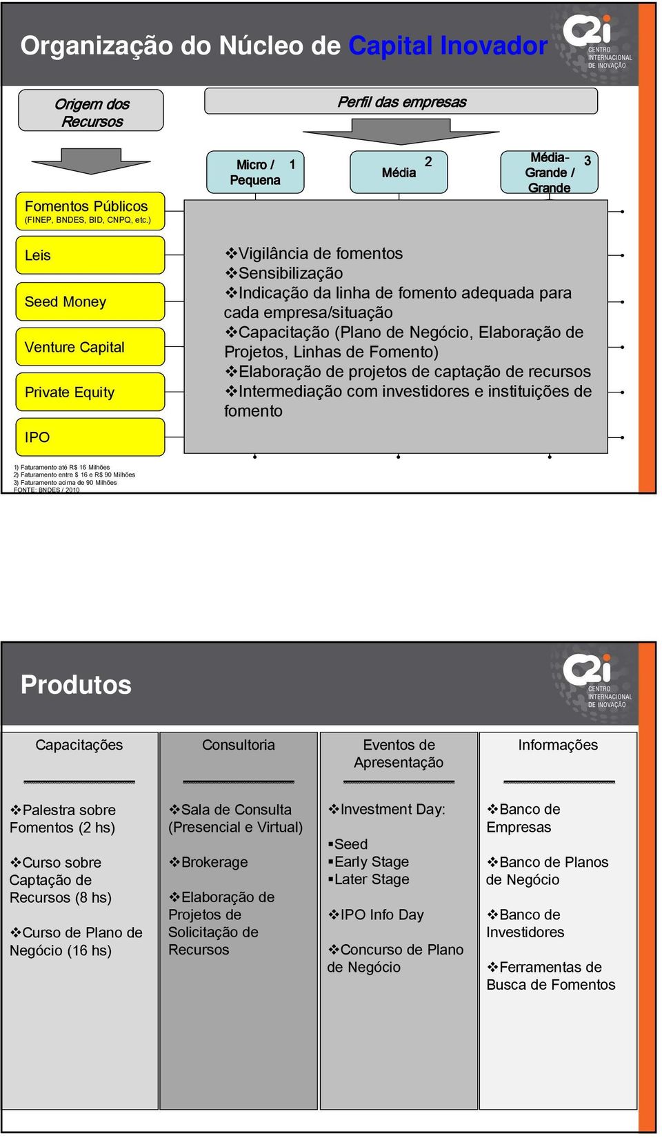 adequada para cada empresa/situação Capacitação (Plano de Negócio, Elaboração de Projetos, Linhas de Fomento) Elaboração de projetos de captação de recursos Intermediação com investidores e