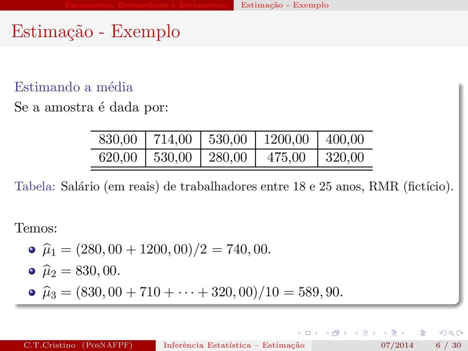 de trabalhadores entre 18 e 25 anos, RMR (fictício). Temos: µ 1 = (280,00+1200,00)/2 = 740,00. µ 2 = 830,00.