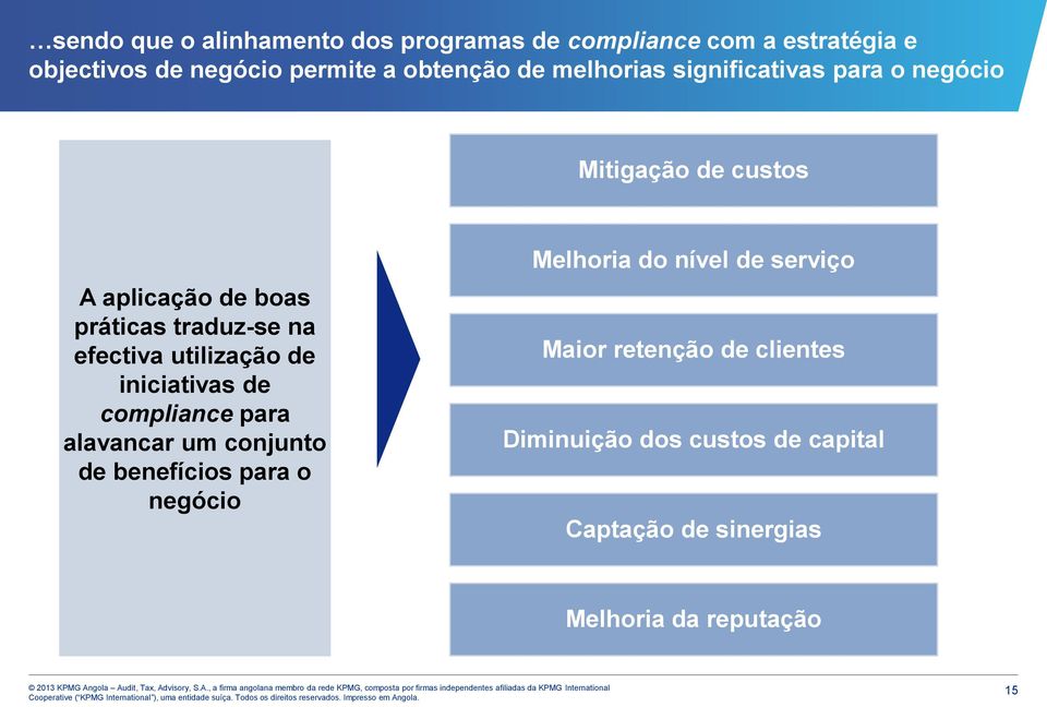 utilização de iniciativas de compliance para alavancar um conjunto de benefícios para o negócio Melhoria do nível