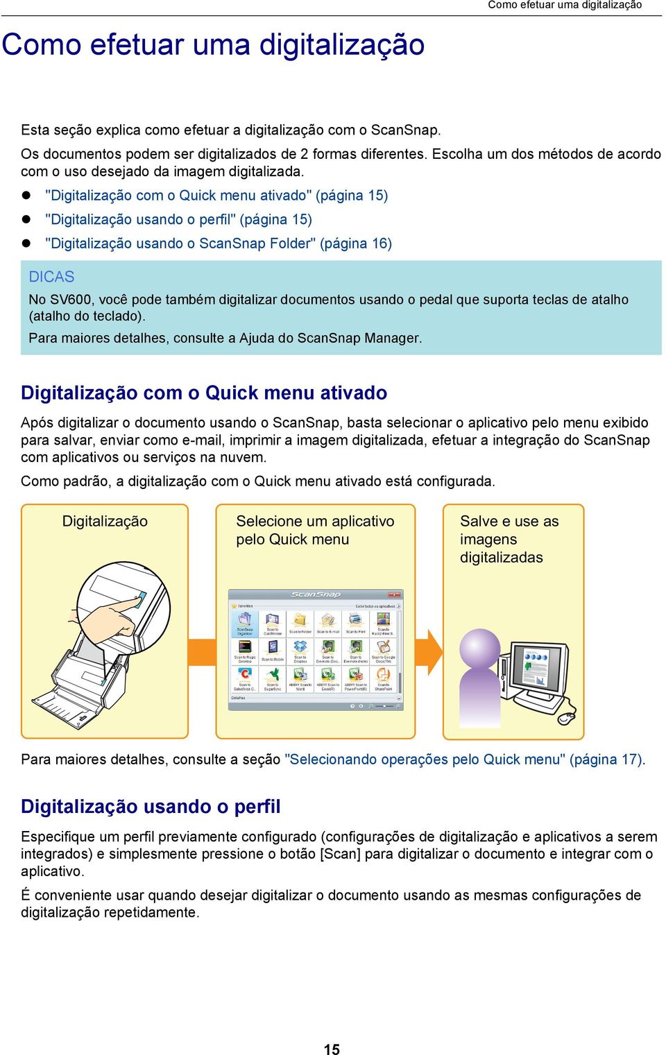 "Digitalização com o Quick menu ativado" (página 15) "Digitalização usando o perfil" (página 15) "Digitalização usando o ScanSnap Folder" (página 16) DICAS No SV600, você pode também digitalizar