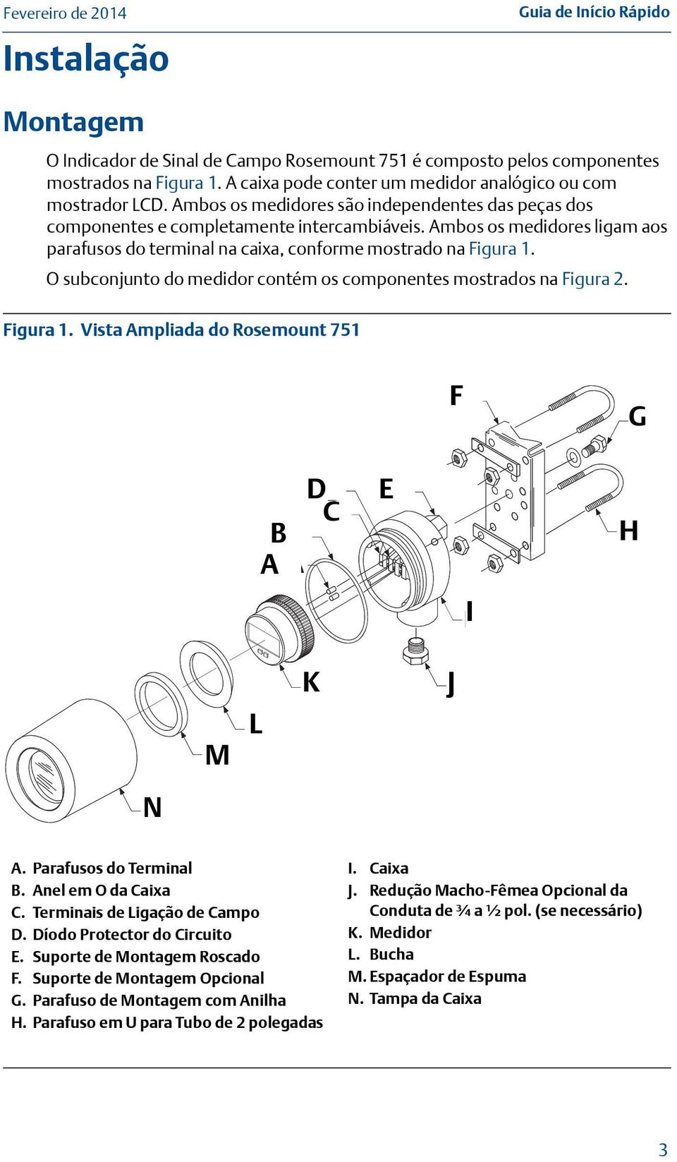 O subconjunto do medidor contém os componentes mostrados na Figura 2. Figura 1. Vista Ampliada do Rosemount 751 F F G G B A D C E E B CD A I I H M L L K K J N A. Parafusos do Terminal B.