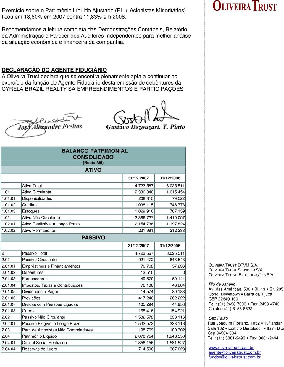 DECLARAÇÃO DO AGENTE FIDUCIÁRIO A Oliveira Trust declara que se encontra plenamente apta a continuar no exercício da função de Agente Fiduciário desta emissão de debêntures da CYRELA BRAZIL REALTY SA