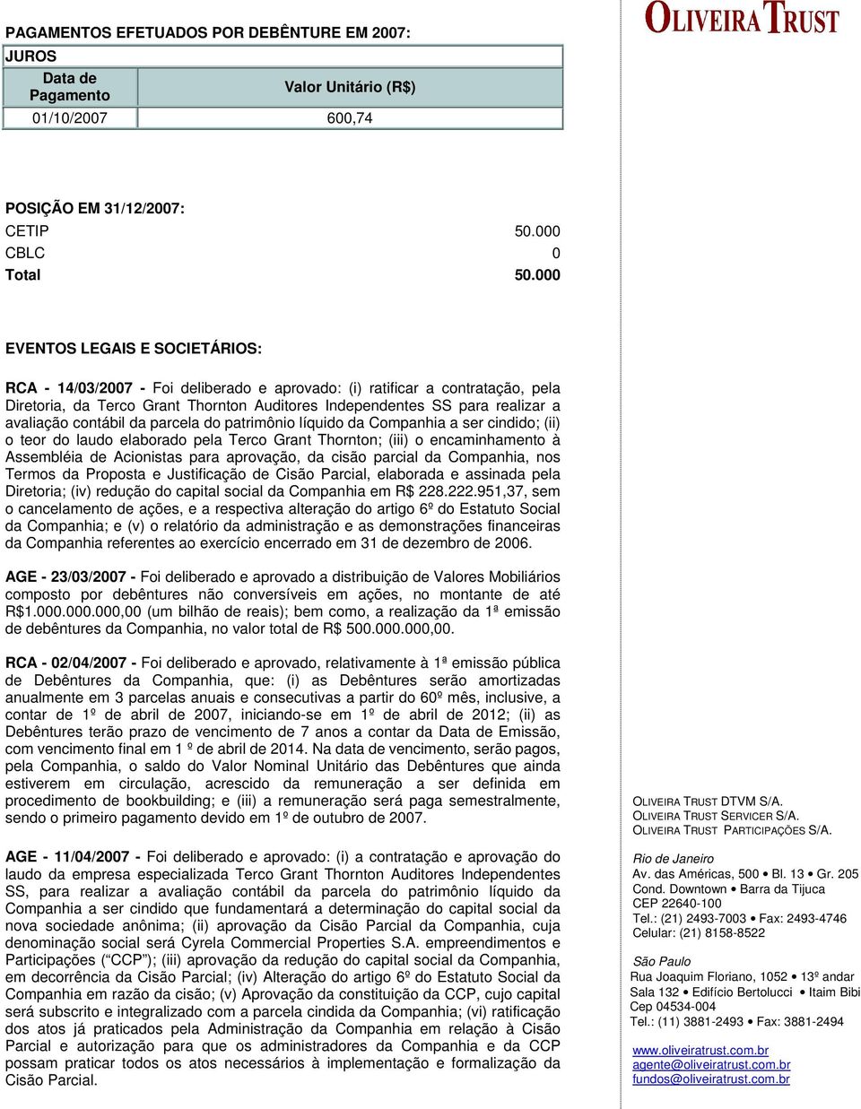 avaliação contábil da parcela do patrimônio líquido da Companhia a ser cindido; (ii) o teor do laudo elaborado pela Terco Grant Thornton; (iii) o encaminhamento à Assembléia de Acionistas para