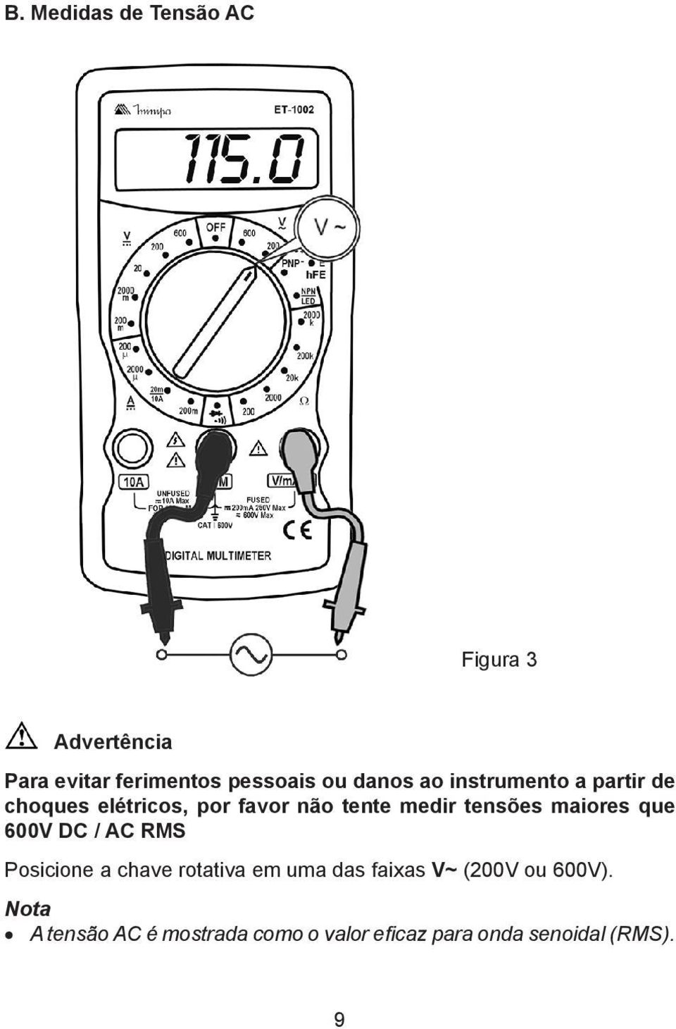 tensões maiores que 600V DC / AC RMS Posicione a chave rotativa em uma das faixas