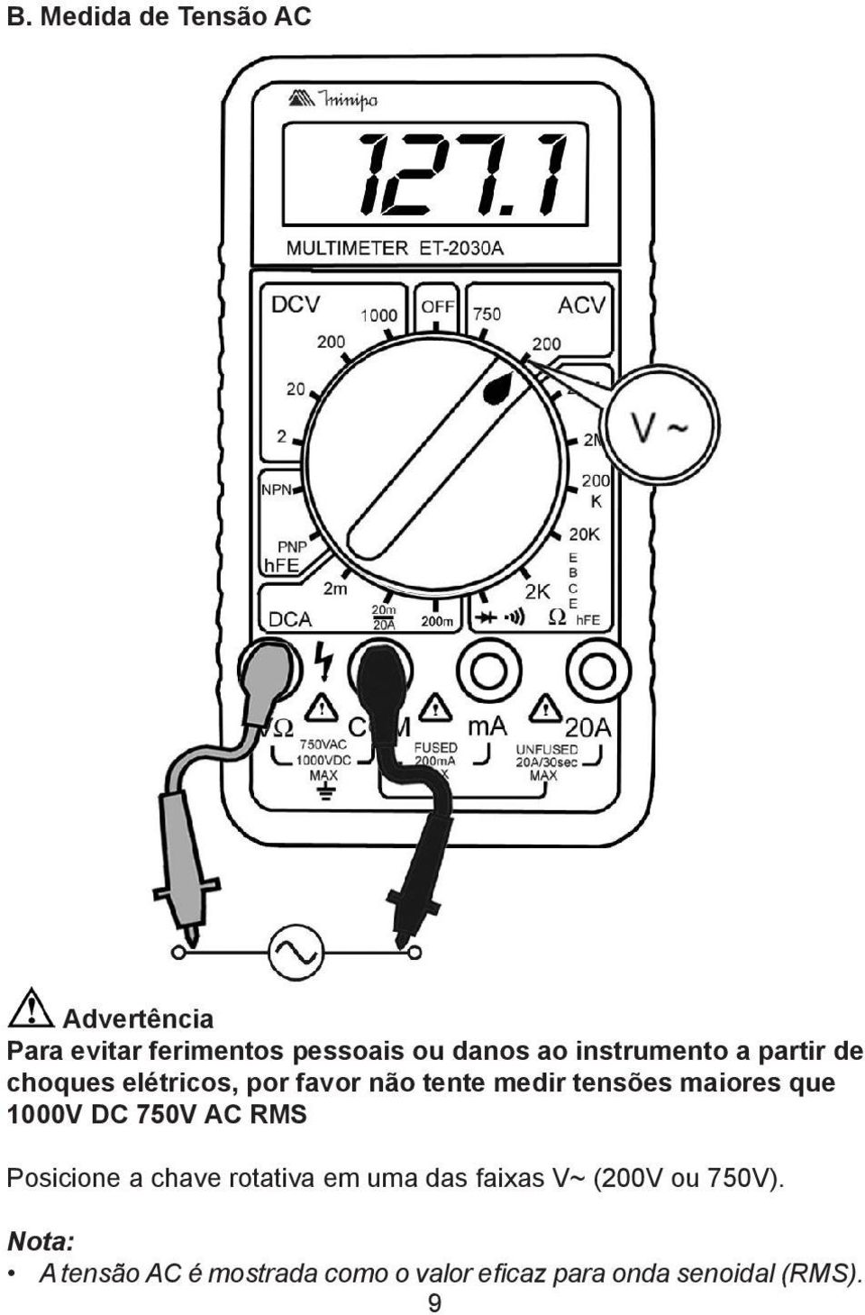 maiores que 1000V DC 750V AC RMS Posicione a chave rotativa em uma das faixas V~