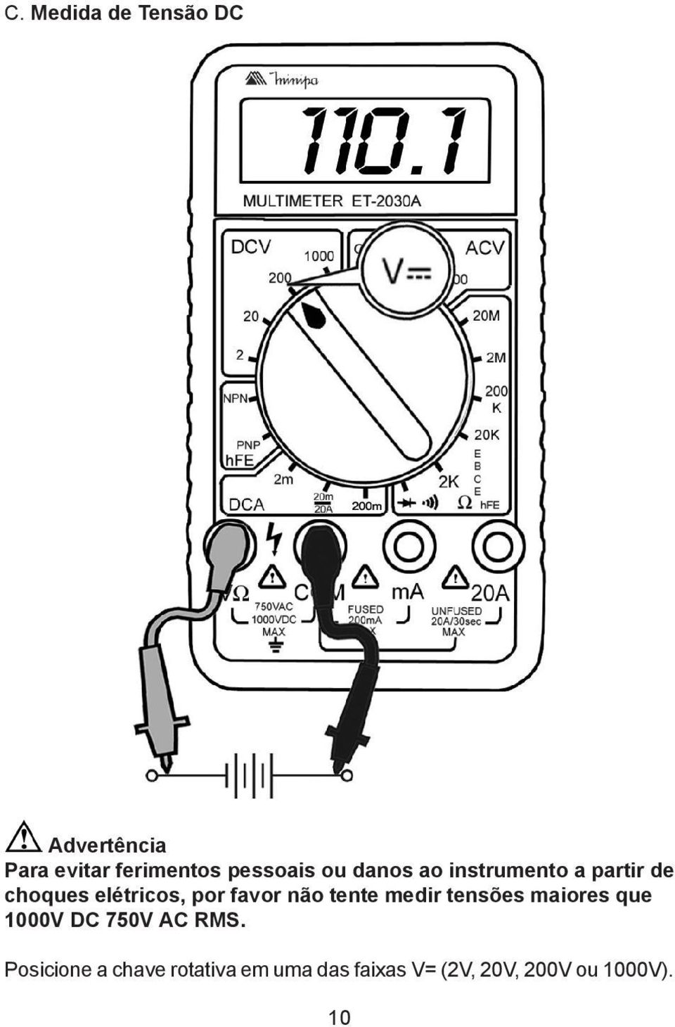 não tente medir tensões maiores que 1000V DC 750V AC RMS.