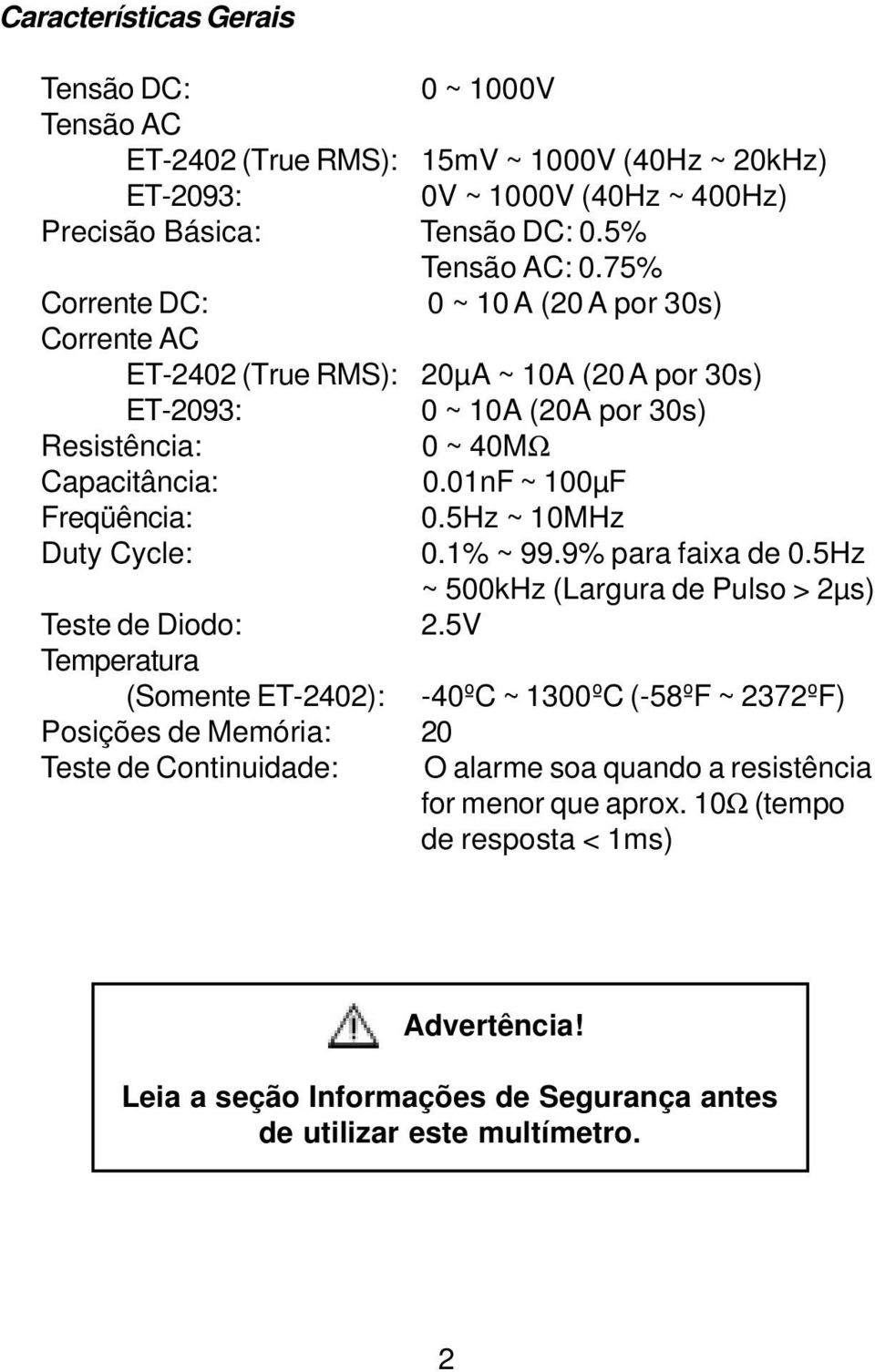 01nF ~ 100µF Freqüência: 0.5Hz ~ 10MHz Duty Cycle: 0.1% ~ 99.9% para faixa de 0.5Hz ~ 500kHz (Largura de Pulso > 2µs) Teste de Diodo: 2.