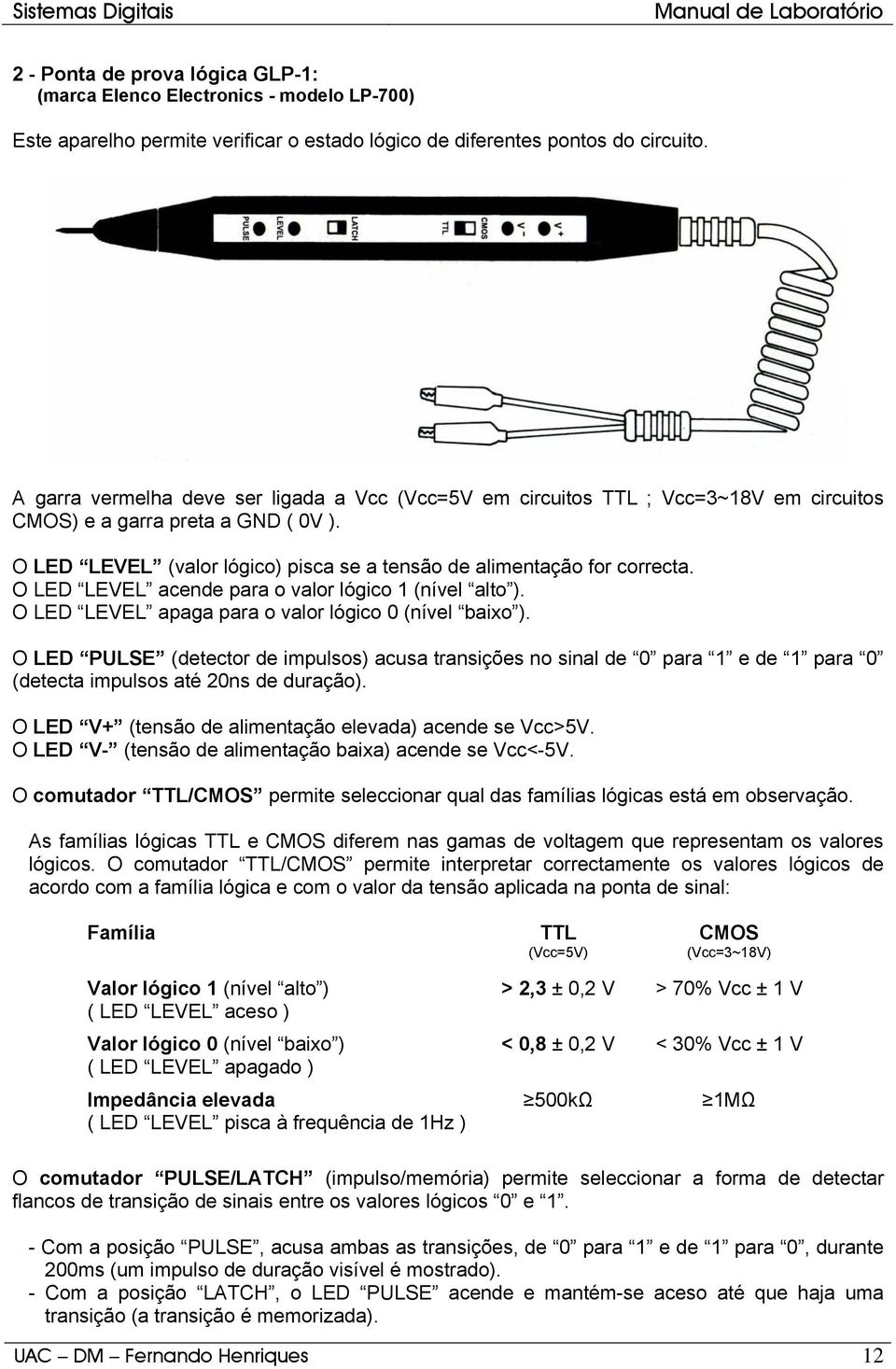 O LED LEVEL acende para o valor lógico 1 (nível alto ). O LED LEVEL apaga para o valor lógico 0 (nível baixo ).