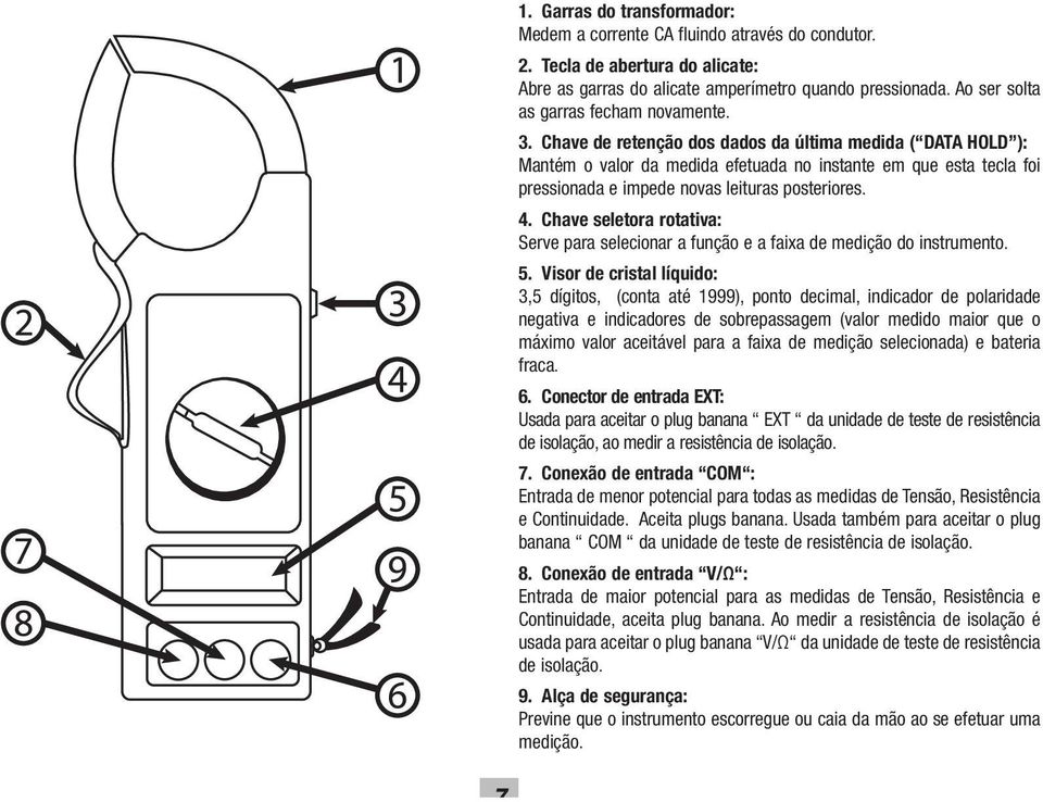 Chave de retenção dos dados da última medida ( DATA HOLD ): Mantém o valor da medida efetuada no instante em que esta tecla foi pressionada e impede novas leituras posteriores. 4.