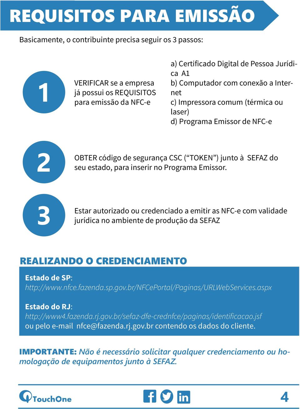 Emissor. Estar autorizado ou credenciado a emitir as NFC-e com validade jurídica no ambiente de produção da SEFAZ REALIZANDO O CREDENCIAMENTO Estado de SP: http://www.nfce.fazenda.sp.gov.