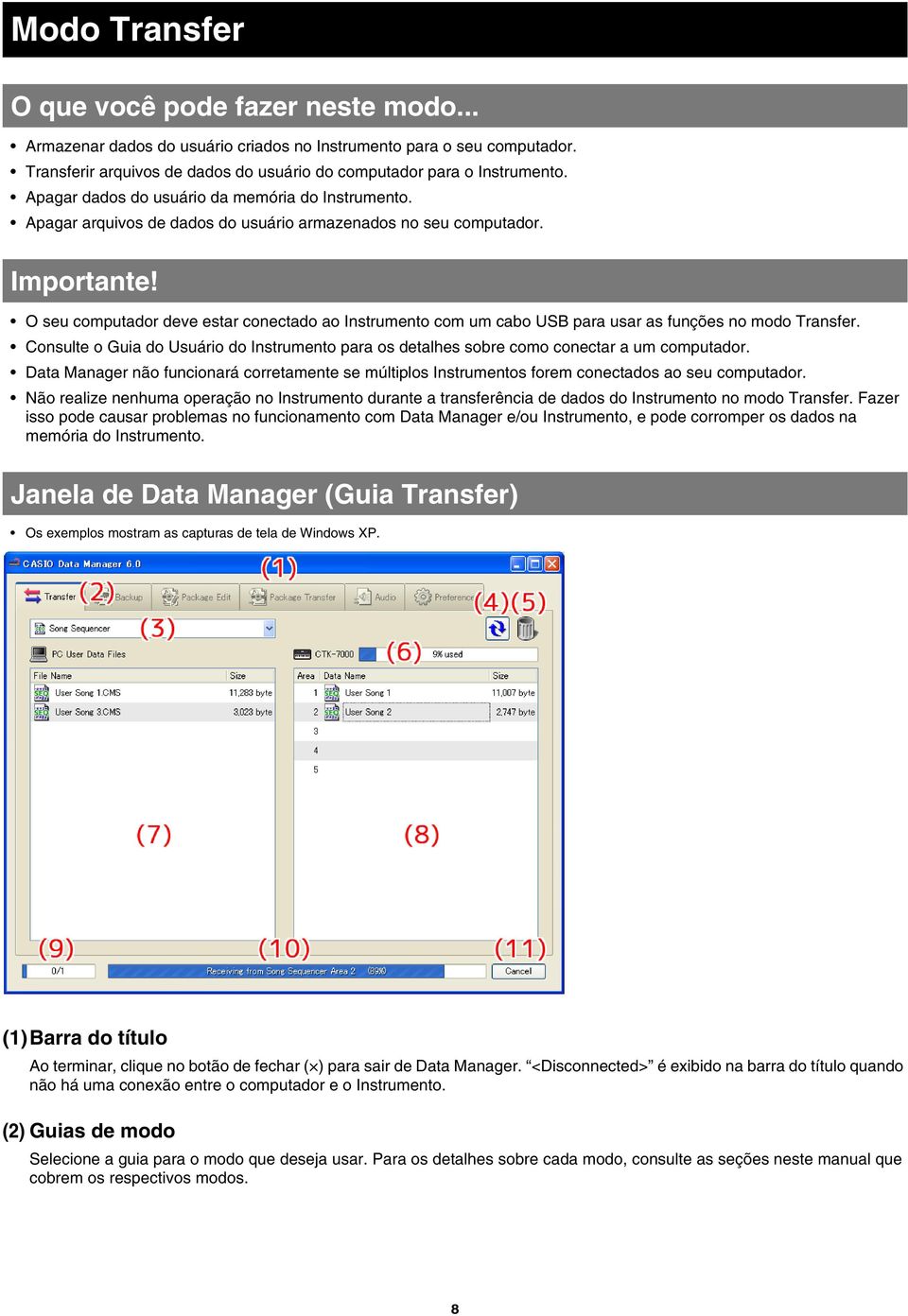 O seu computador deve estar conectado ao Instrumento com um cabo USB para usar as funções no modo Transfer.