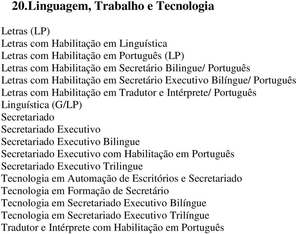 Secretariado Executivo Secretariado Executivo Bilingue Secretariado Executivo com Habilitação em Português Secretariado Executivo Trilingue Tecnologia em Automação de Escritórios