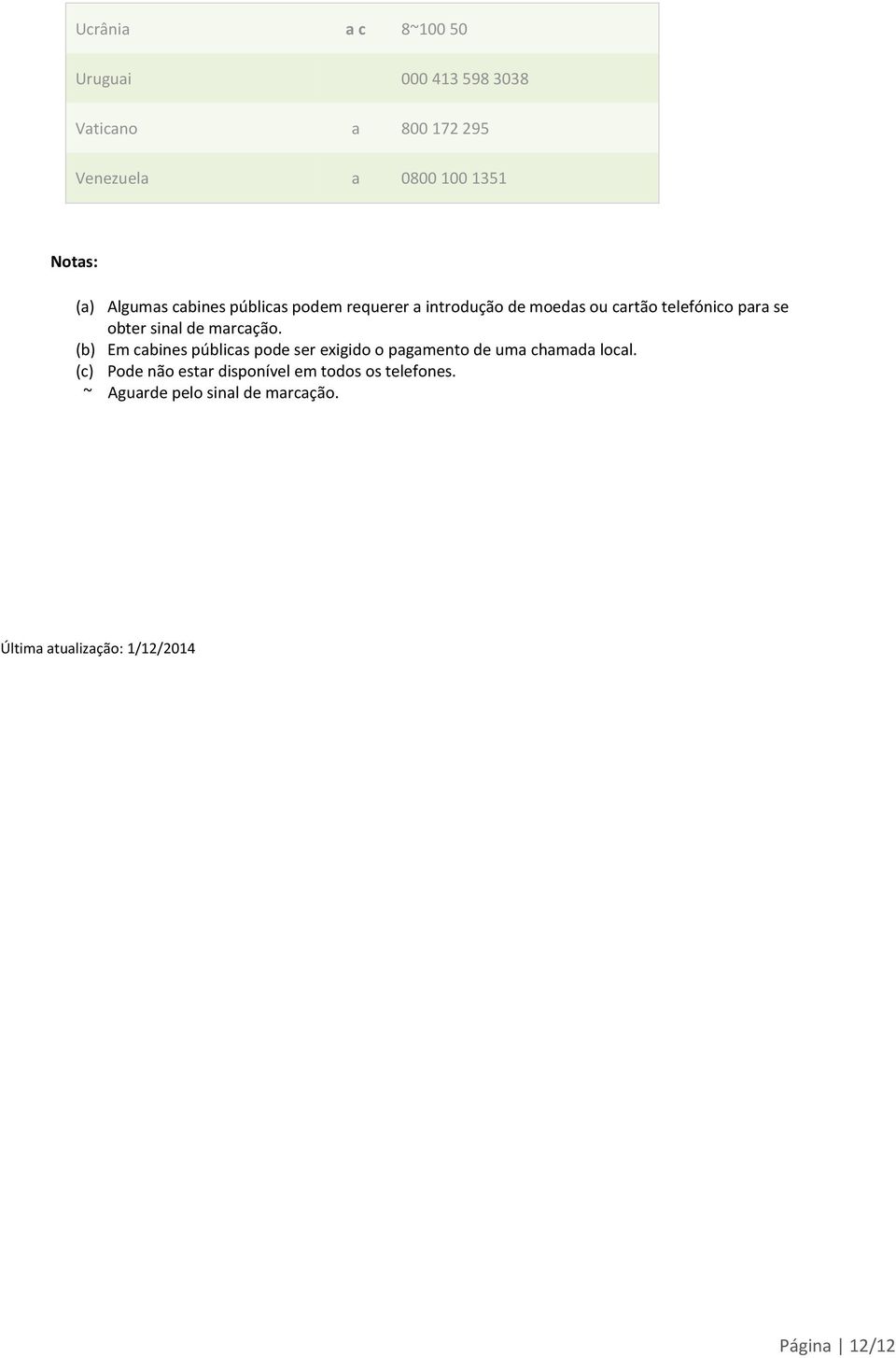 marcação. (b) Em cabines públicas pode ser exigido o pagamento de uma chamada local.
