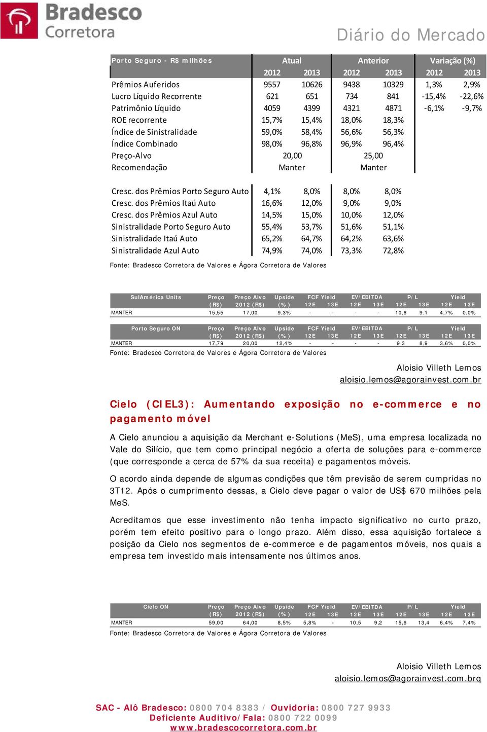 Manter 25,00 Manter Cresc. dos Prêmios Porto Seguro Auto 4,1% 8,0% 8,0% 8,0% Cresc. dos Prêmios Itaú Auto 16,6% 12,0% 9,0% 9,0% Cresc.