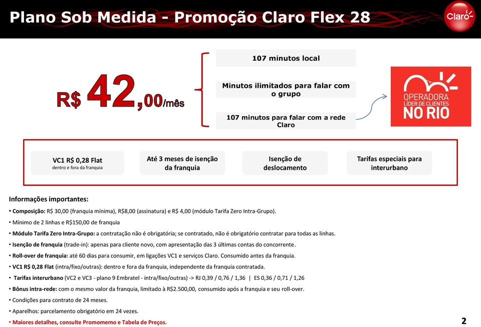 Intra-Grupo). Mínimo de 2 linhas e R$150,00 de franquia Módulo Tarifa Zero Intra-Grupo: a contratação não é obrigatória; se contratado, não é obrigatório contratar para todas as linhas.