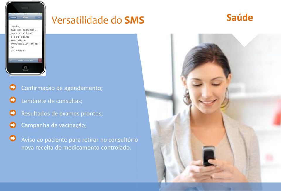 Versatilidade do SMS Saúde Confirmação de agendamento; Lembrete de