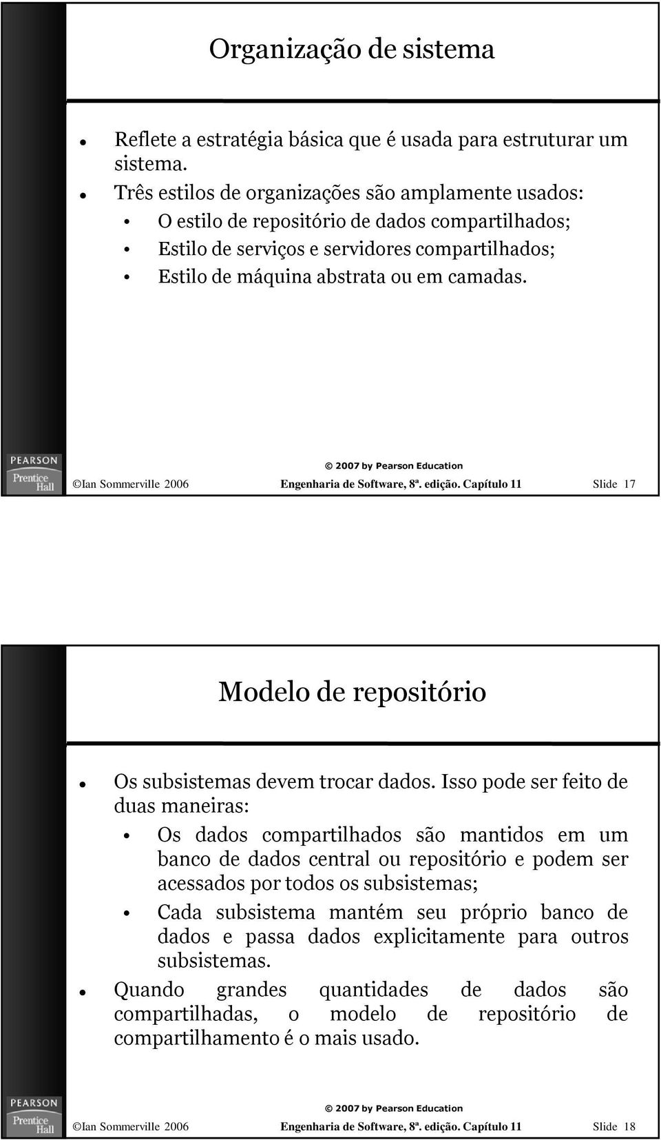 Ian Sommerville 2006 Engenharia de Software, 8ª. edição. Capítulo 11 Slide 17 Modelo de repositório Os subsistemas devem trocar dados.