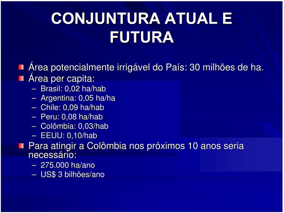 0,09 ha/hab hab Peru: 0,08 ha/hab hab Colômbia: 0,03/hab EEUU: 0,10/hab