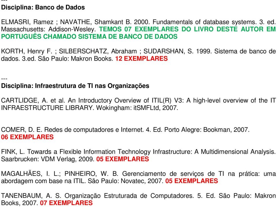 São Paulo: Makron Books. 12 EXEMPLARES Disciplina: Infraestrutura de TI nas Organizações CARTLIDGE, A. et al.