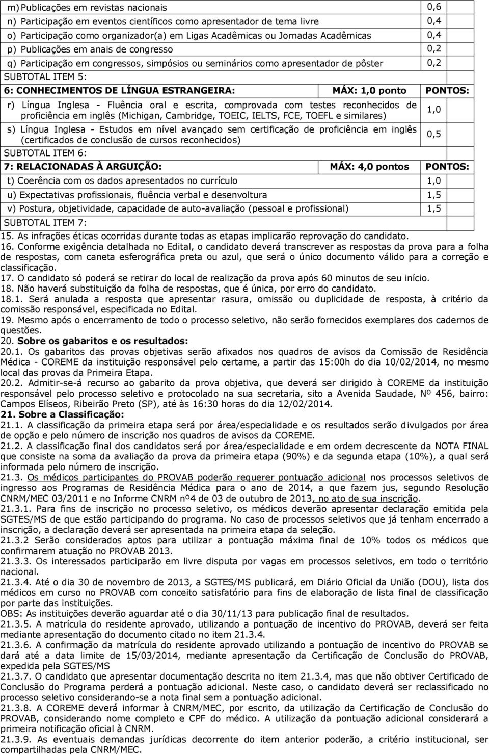 PONTOS: r) Língua Inglesa - Fluência oral e escrita, comprovada com testes reconhecidos de proficiência em inglês (Michigan, Cambridge, TOEIC, IELTS, FCE, TOEFL e similares) s) Língua Inglesa -