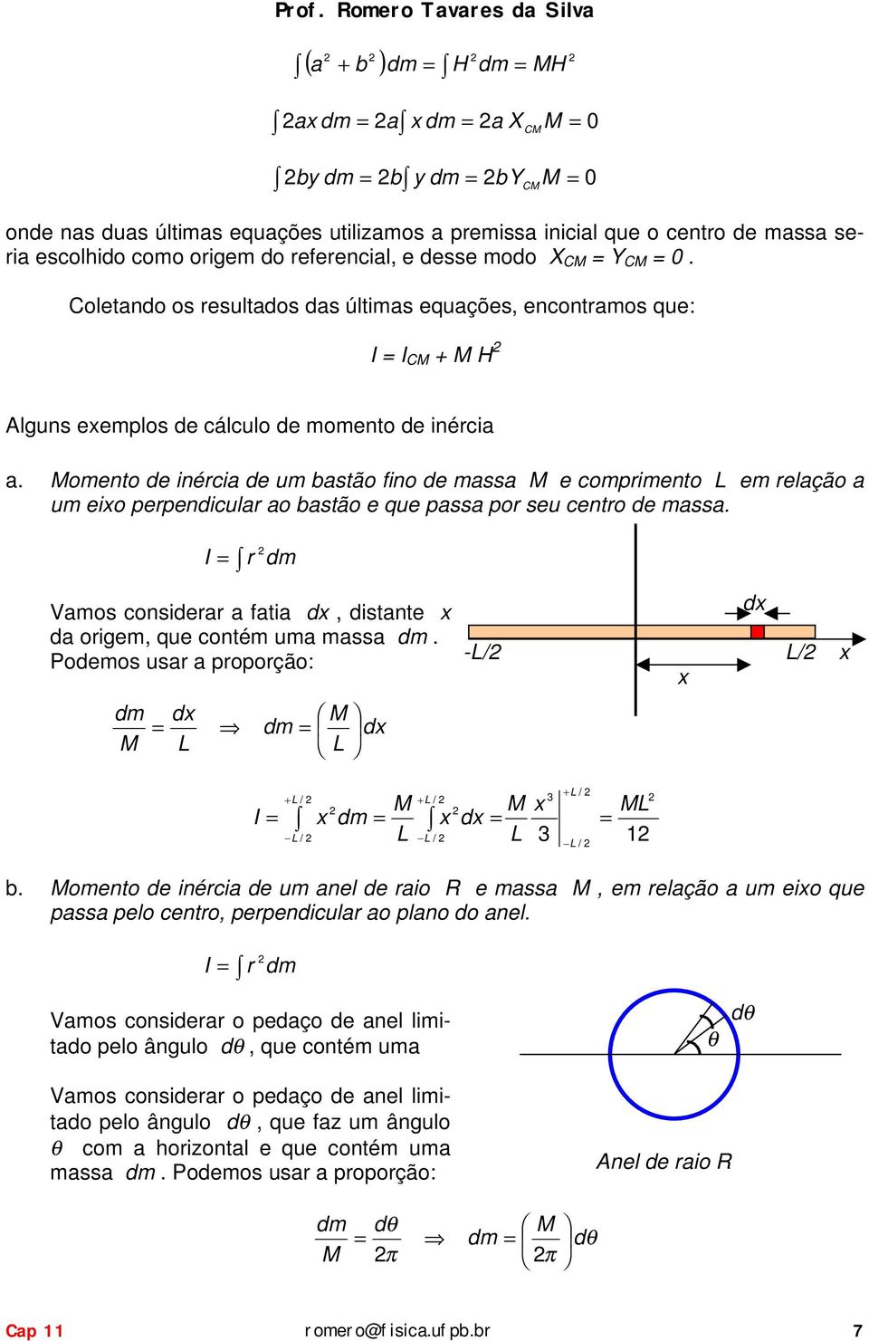 Momento de néca de um bastão fno de massa M e compmento L em elação a um exo pependcula ao bastão e que passa po seu cento de massa.