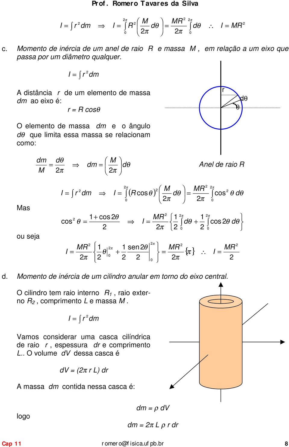 cos dm π M ( cos ) d π M π π cos d π π + cos M d + cos d π π M π sen M M + {} π π π d. Momento de néca de um clndo anula em tono do exo cental.